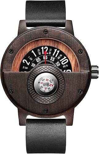 GORBEN Reloj con brújula y tocadiscos de madera para hombre, elegante reloj de pulsera de madera para hombre, reloj de cuarzo ligero hecho a mano