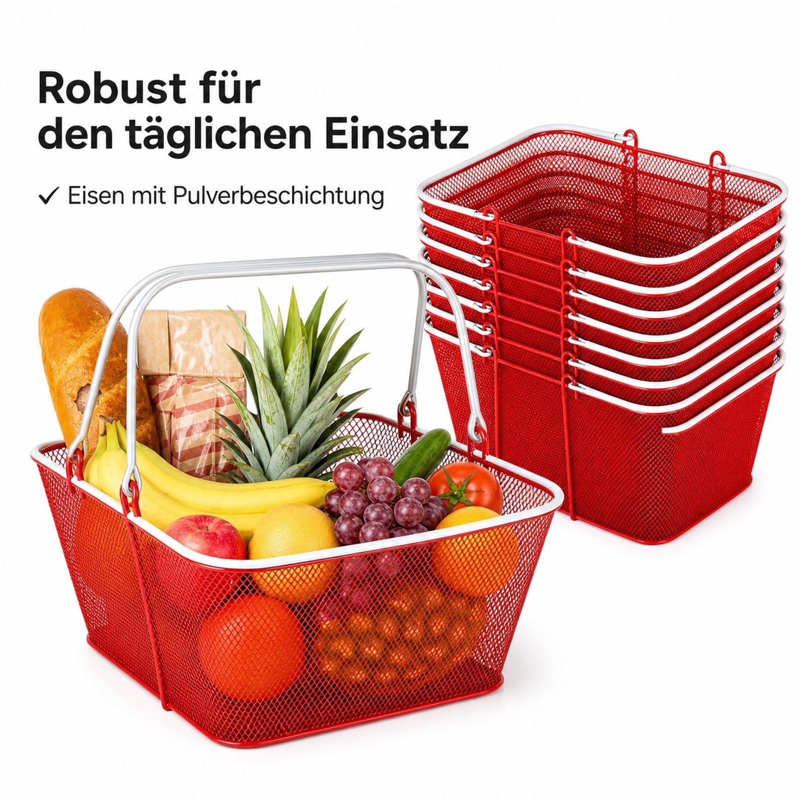 12er Set rote Einkaufskörbe aus Metall, stapelbare Körbe mit Griffen und Gitterstruktur für Lebensmittelgeschäfte, Einzelhandel und Supermärkte