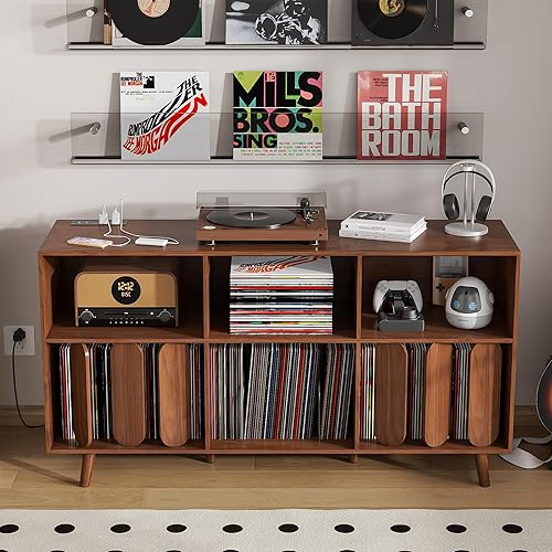 Vista 5 de Soporte grande para tocadiscos, soporte de almacenamiento de discos de vinilo, mesa de tocadiscos con toma de corriente, soporte para almacenamiento