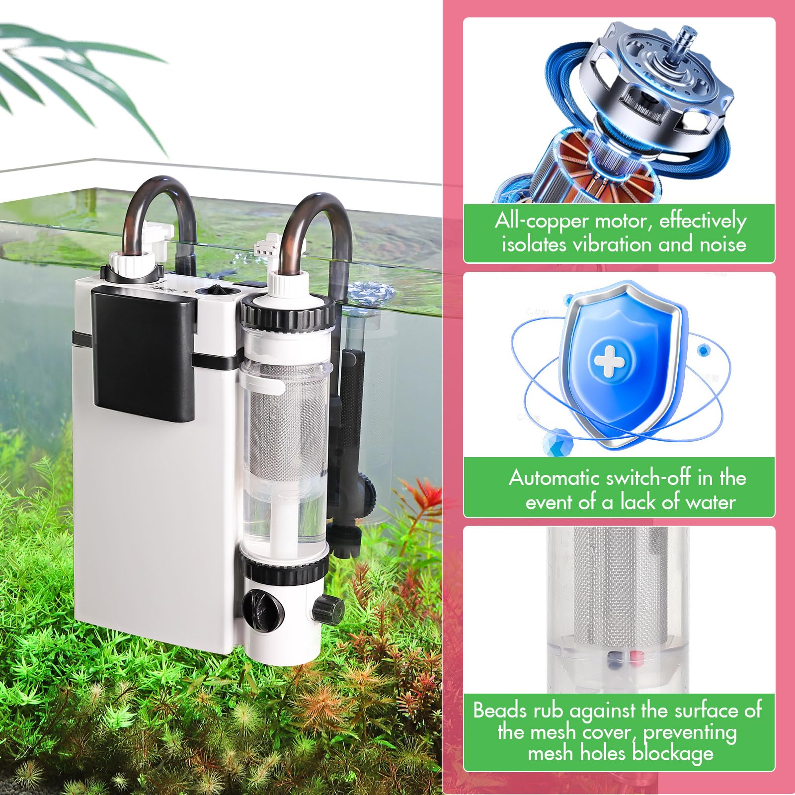hygger Hang on Back Filtre, Silencieux Fish Tank Filter pour Aquarium, 600L/H 8W Débit Eau Réglable Aquarium Filtre for 56-113L Tanks