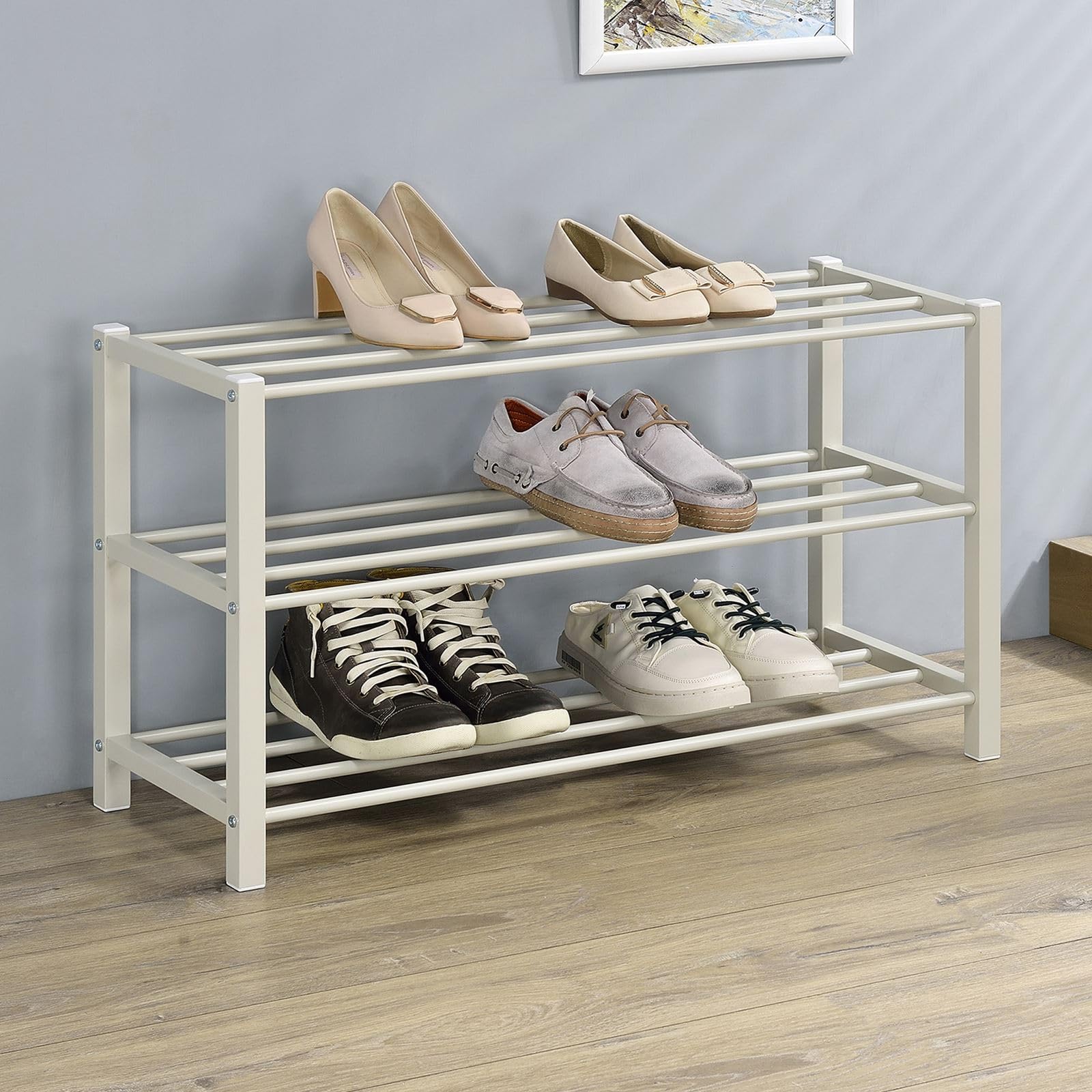 IDIMEX Schuhregal NAVAN Metall Beige, robuste Schuhbank mit 3 Ablagen, platzsparende Schuhkommode, ideal für Schuhregal offen, Schuhständer, Schuhregale Küche, Haushalt & Wohnen