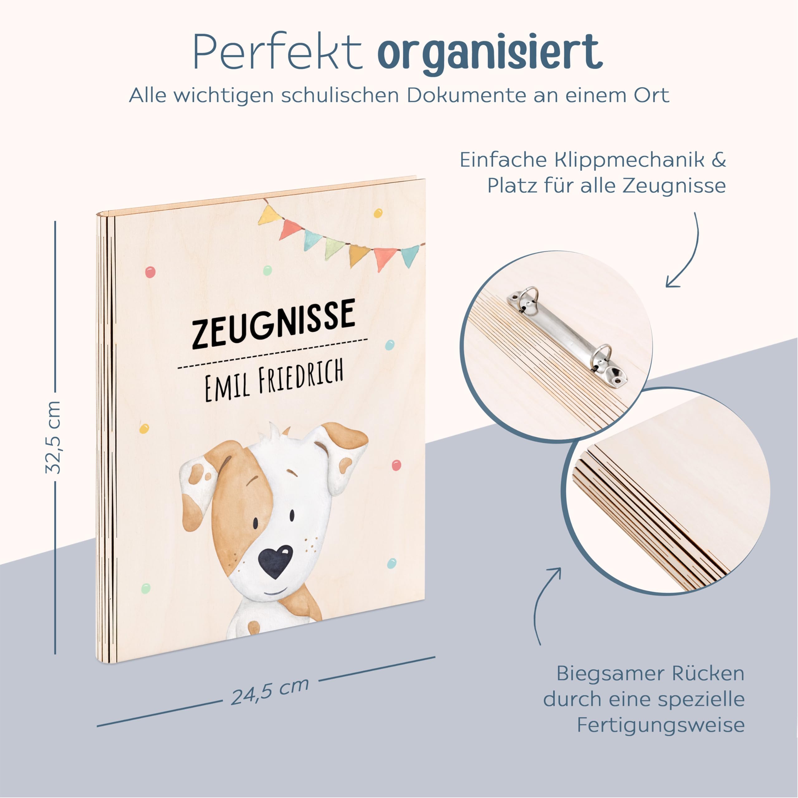 Wunderwunsch® - Personalisierte Zeugnismappe aus Holz Mit Hochwertigem Spezial-Druck - Einschulung Geschenk für Jungen & Mädchen (Hund Girlande)