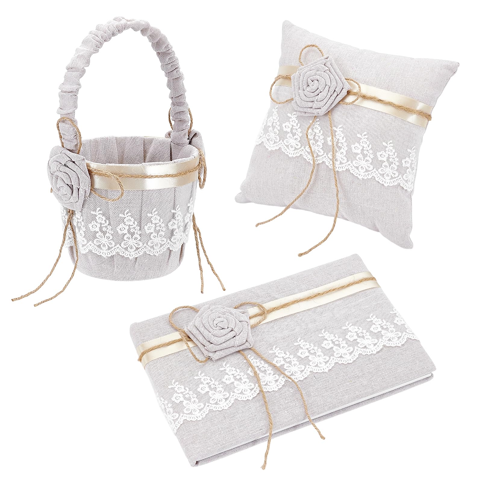 Panier de fleurs de mariage en jute et dentelle ancienne avec livre d'or raffiné