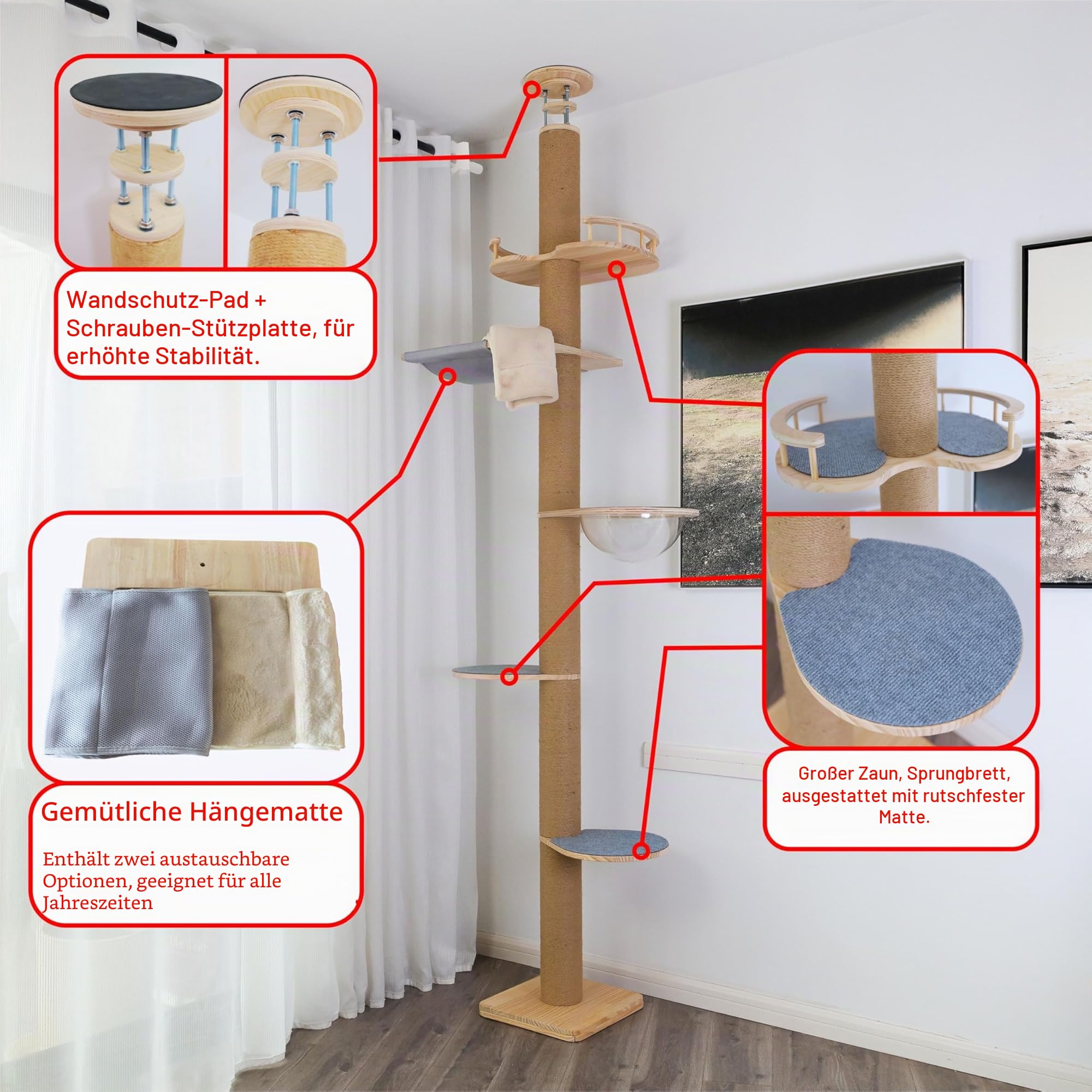 Verstellbarer Decken-Katzenbaum (125–300 cm) – 5 Etagen Katzenkratzbaum aus Hanf | Stabiler Aktivitätsbaum für Indoor & Outdoor Nutzung