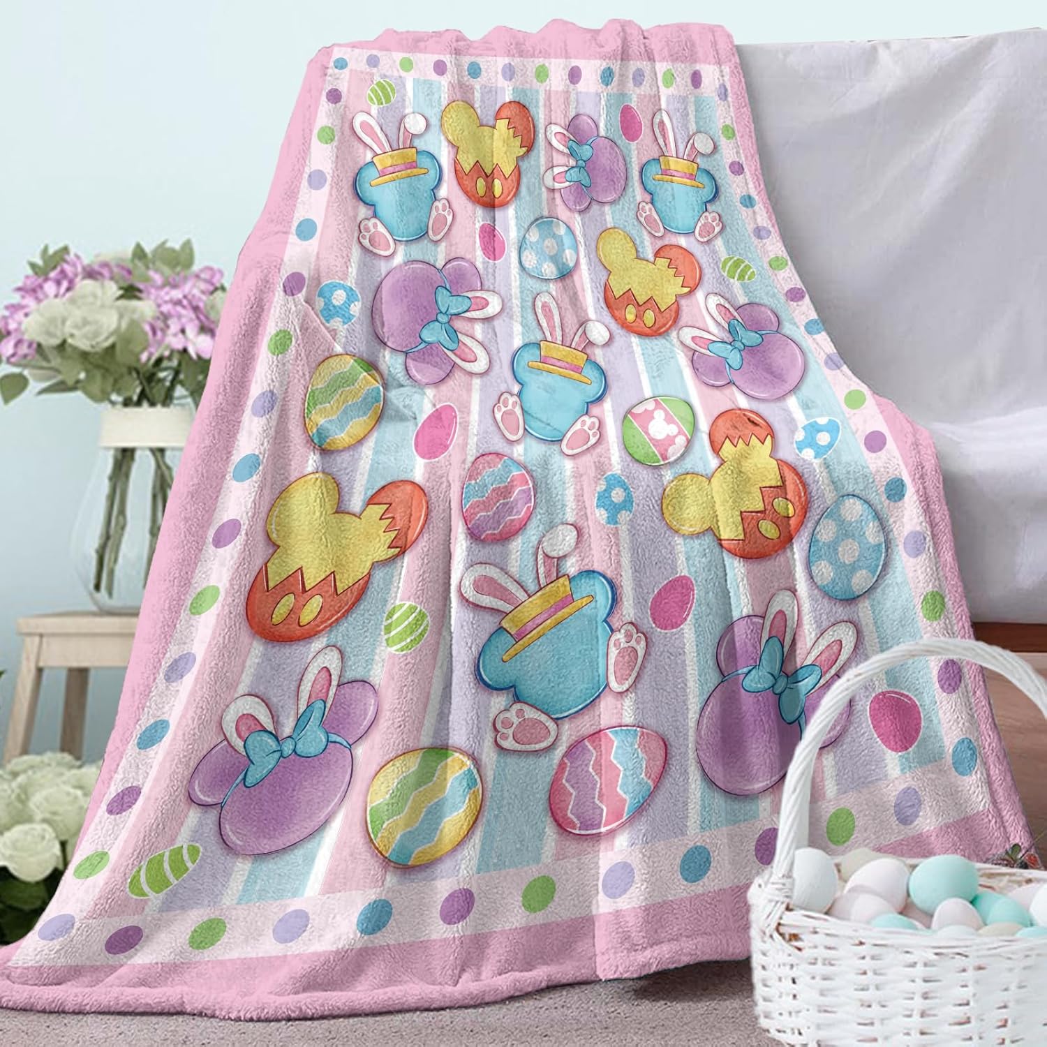 Pycat Easter Bunny Flannel Throw Blanket, Cute Easter Eggs Rabbit Gifts for Kids Men Women, Spring Pastel Soft Blanket for Bedding Sofa 50 x 60 Inch