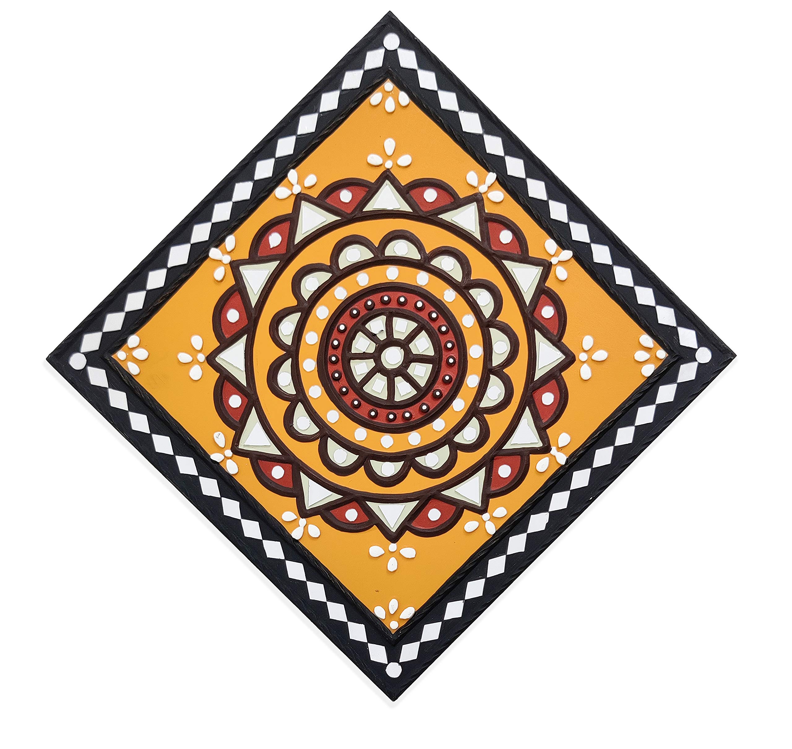 Ethnics of Kutch Traditional Kutch Handicraft Mud-Mirrorwork Lippan Kam Wall Art (Water and Break Resistant) - Square (12 inch x 12 inch) - (Black - LKT-0206)
