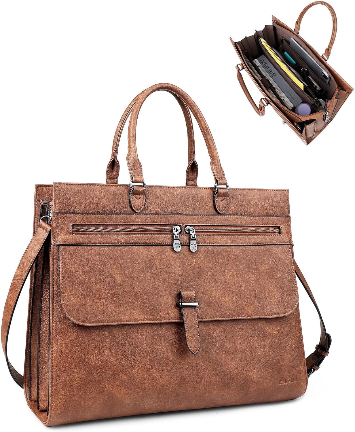FADEON Leather Briefcase for Women, Designer 15.6 inch Laptop Bag, Tote Shoulder Handbag for Teacher Busniess Work Brown - Image 9