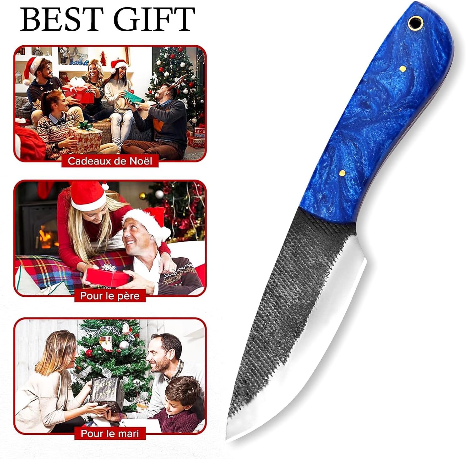 Fixed Blade Knife, 8" Carbon Steel Fixed Blade Hunting Knife Resin Handle with Leather Sheath, Survival Camping Knives GK-701 Gift for Skinning (Blue)