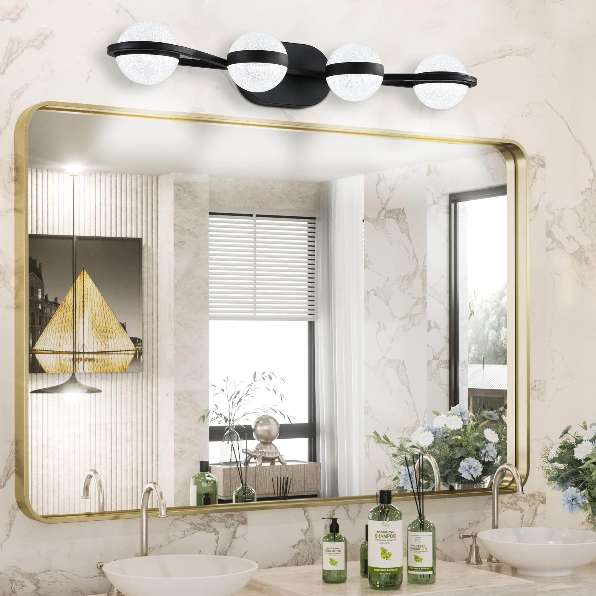 VDOQTLJT Modern Bathroom Vanity Light Fixture 4 Bulb LED Frosted Glass Design Wall Mounted Decorative Lighting Black Finish