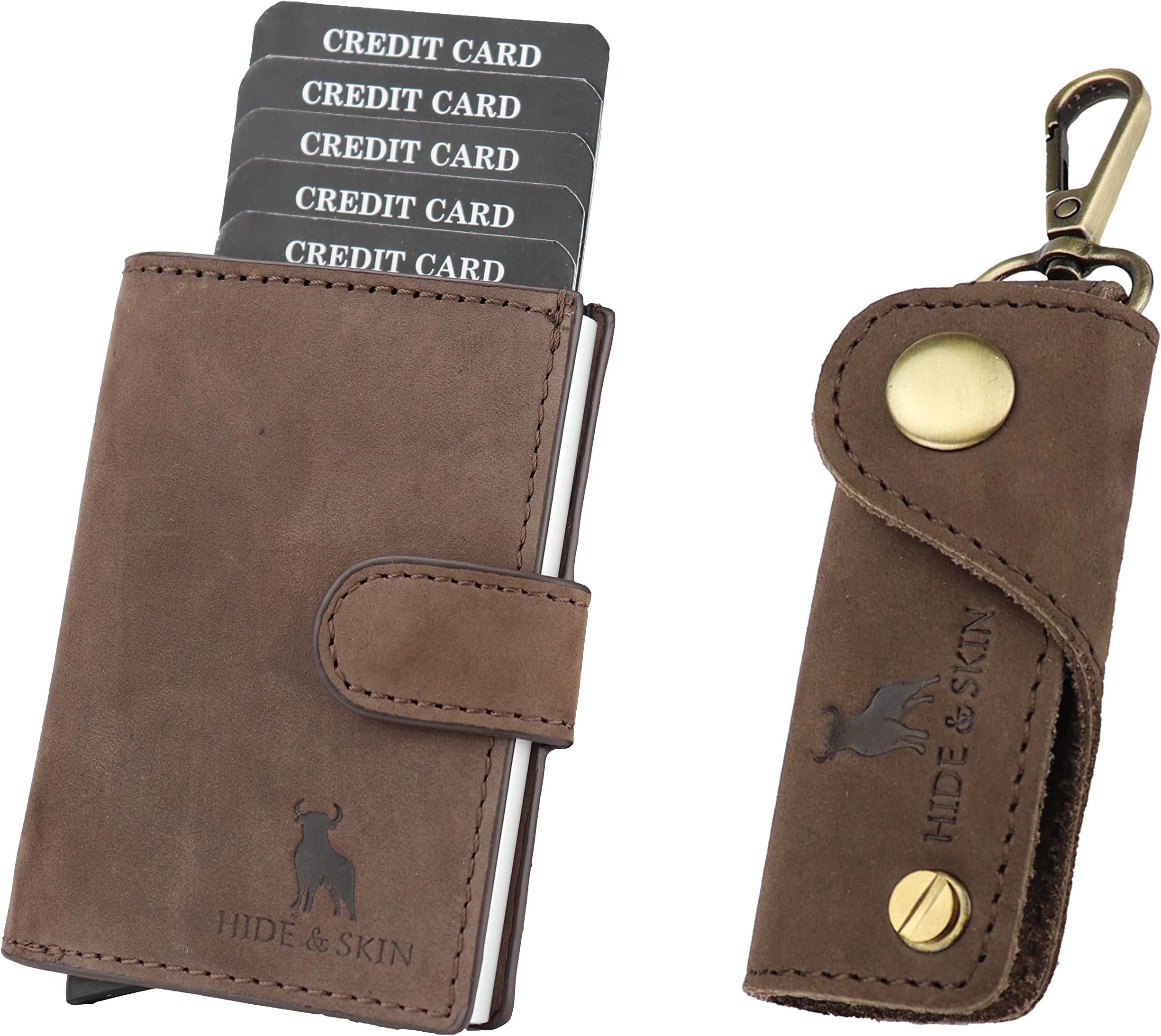 HIDE & SKIN SHEIKH Brown Genuine Leather Unisex RFID Card Holder and Key Chain Combo