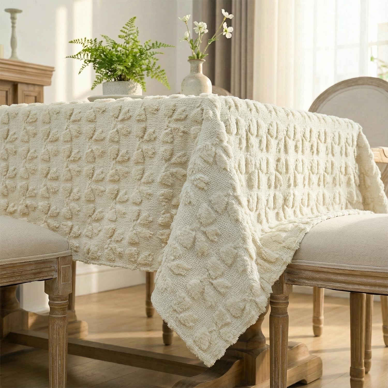 Horaldaily Bow Tablecloth 52×70 Inch Rectangular, Beige Soft Plush Faux Fur Jacquard Bow Table Cover, Seasonal Dining Table Decoration for Dining Party Wedding Bridal Decor