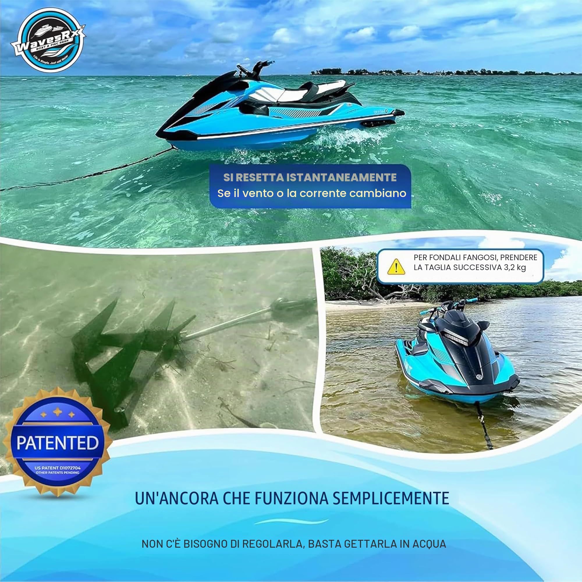 WAVESRX TriAnchor: Kit di Ancoraggio Pieghevole in Acciaio Inossidabile per Moto d'Acqua e imbarcazioni