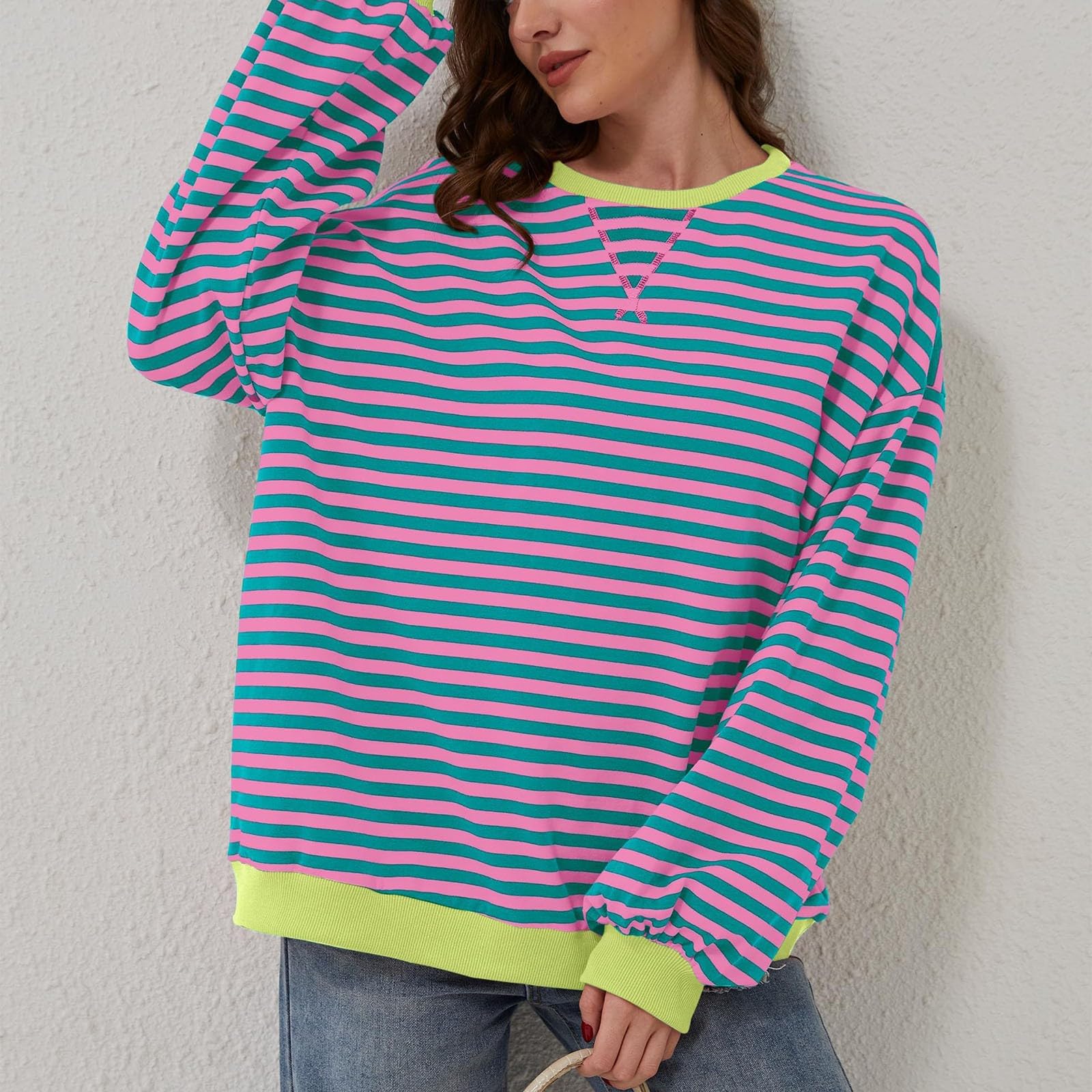 HUIFUAO Bluza damska w paski, kolorowa, pulower, casualowa, z okrągłym dekoltem, długim rękawem, oversize’owa