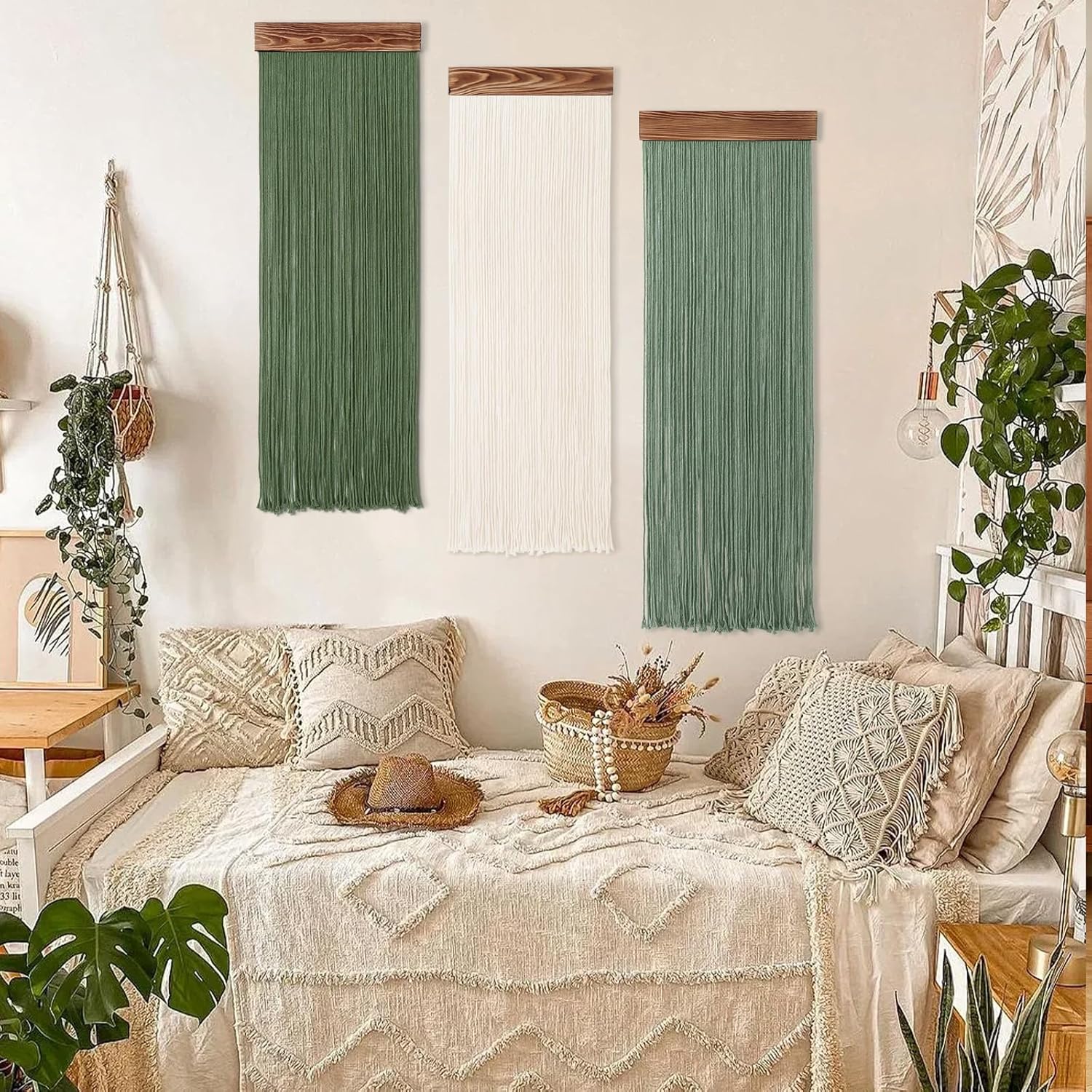 KHOYIME Macrame Wall Hanging Boho Chic Home Decor, 3PCS Bohemian Green Beige Tassel Yarn Tapestry Modern Handmade Large Wall Art Decorations for Living Room Bedroom Nursery Backdrop 11.8''W x 36''L