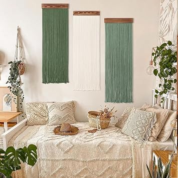 Weldomcor 3PCS Macrame Wall Hanging Boho Chic Home Decor, Handmade Tassel Yarn Tapestry Modern Wall Art Decorations for Living Room Bedroom Office Nursery Backdrop (Green White)