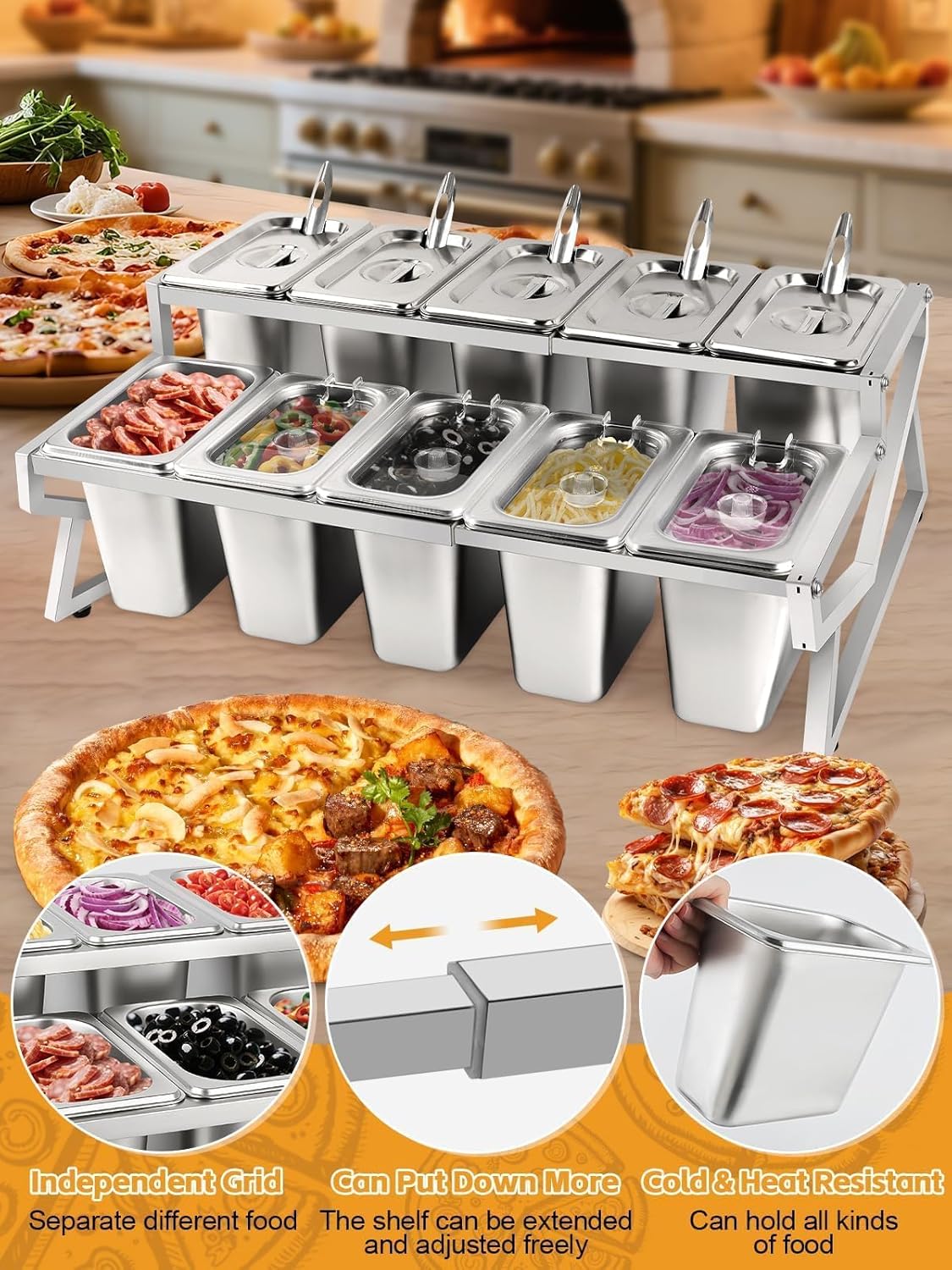 Kalolary 10 Pans Pizza Topping Storage Station, 2 Row Adjustable Stainless Steel Condiment Containers with Lids Spoons Ice Food Serving Display Container Salad Bar Buffet Station for Home Kitchen
