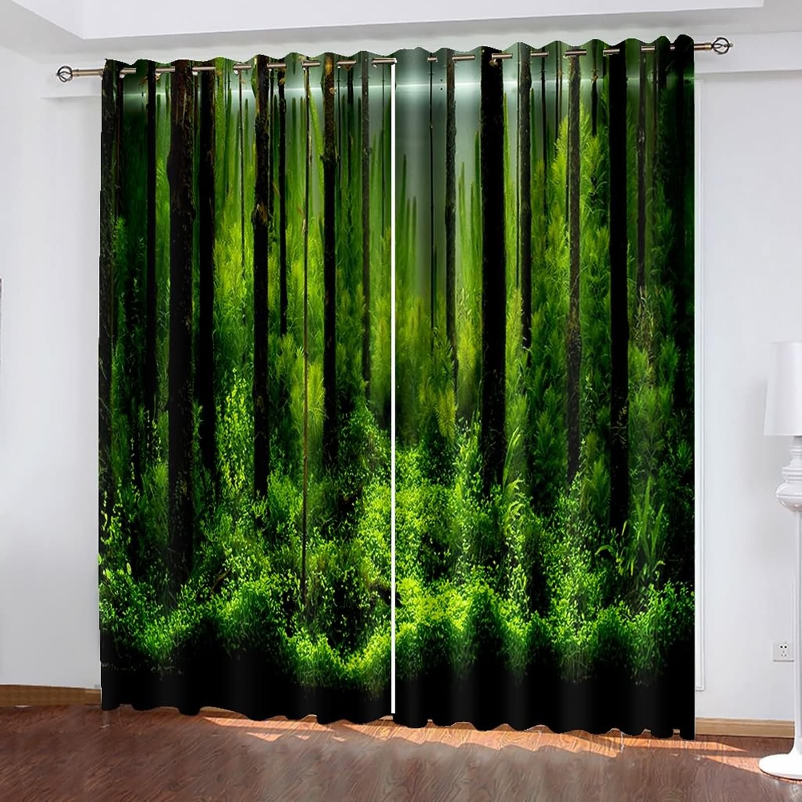 Lirzxin Bedroom Curtains Eyelet Blackout Curtains 90 Inch Long, Thermal Insulated Curtain Ring Top Tree Trunk and Plant Landscape Window Treatments for Living Room Green 34 x 90 Inch, 2 Panels