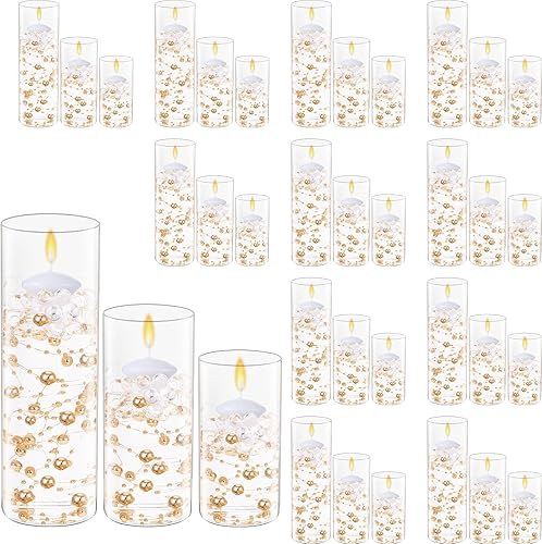 Shihanee Juego de 36 jarrones cilíndricos de vidrio transparente de varios tamaños para centro de mesa, velas blancas con perlas sintéticas, cuentas