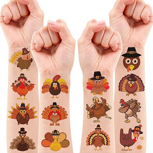 Miniatura 9 de 100 calcomanías de pavo de Acción de Gracias, tatuajes temáticos de otoño y otoño, decoración de fiesta de primer cumpleaños, suministros de