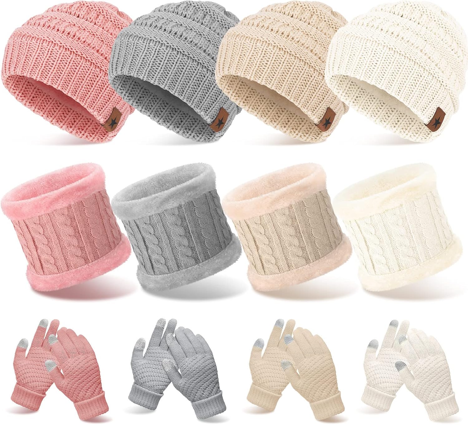 BBTO 12pcs Winter Beanie Hat Scarf Gloves Set Thick Beanies Hat Knit Skull Cap Neck Warmer Touchscreen Gloves for Men Women