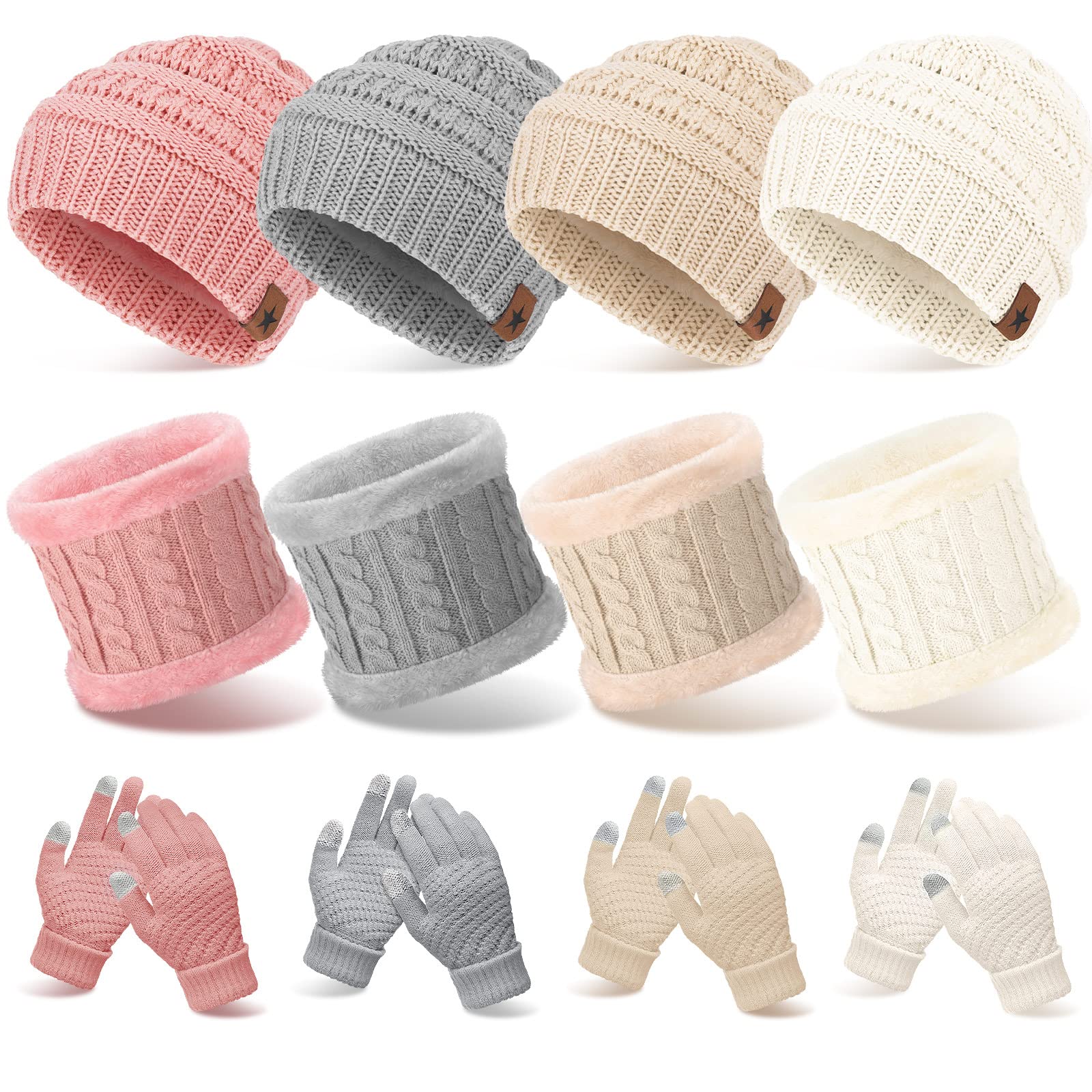 12pcs Winter Beanie Hat Scarf Gloves Set Thick Beanies Hat Knit Skull Cap Neck Warmer Touchscreen Gloves for Men Women(Beige, Pink, White, Gray)