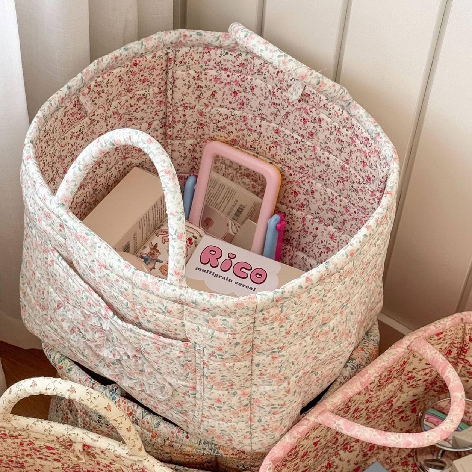 HTU Boho Fabric Storage Basket, Boho Floral Laundry Baskets, Large Capacity Fabric Storage Basket, Decorative Storage Baskets, Portable Folding Storage Bag, for Clothes and Sundries