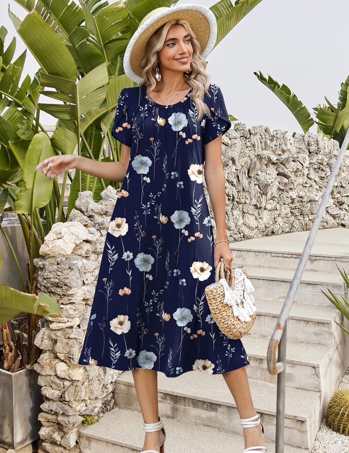 Zeagoo Womens Casual Summer Dress 2026 Petal Short Sleeve Dresses with Pleats Midi A Line Flowy Dress Boho Sundress - Image 5