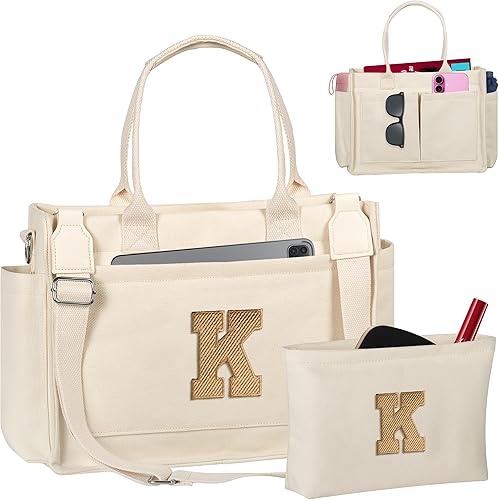 Miniatura 153 de Easter Basket Stuffers, Initial Tote Bag with Makeup Bag, Birthday Gifts for Women, Teen Girl Gifts Trendy Stuff Beige,Negro