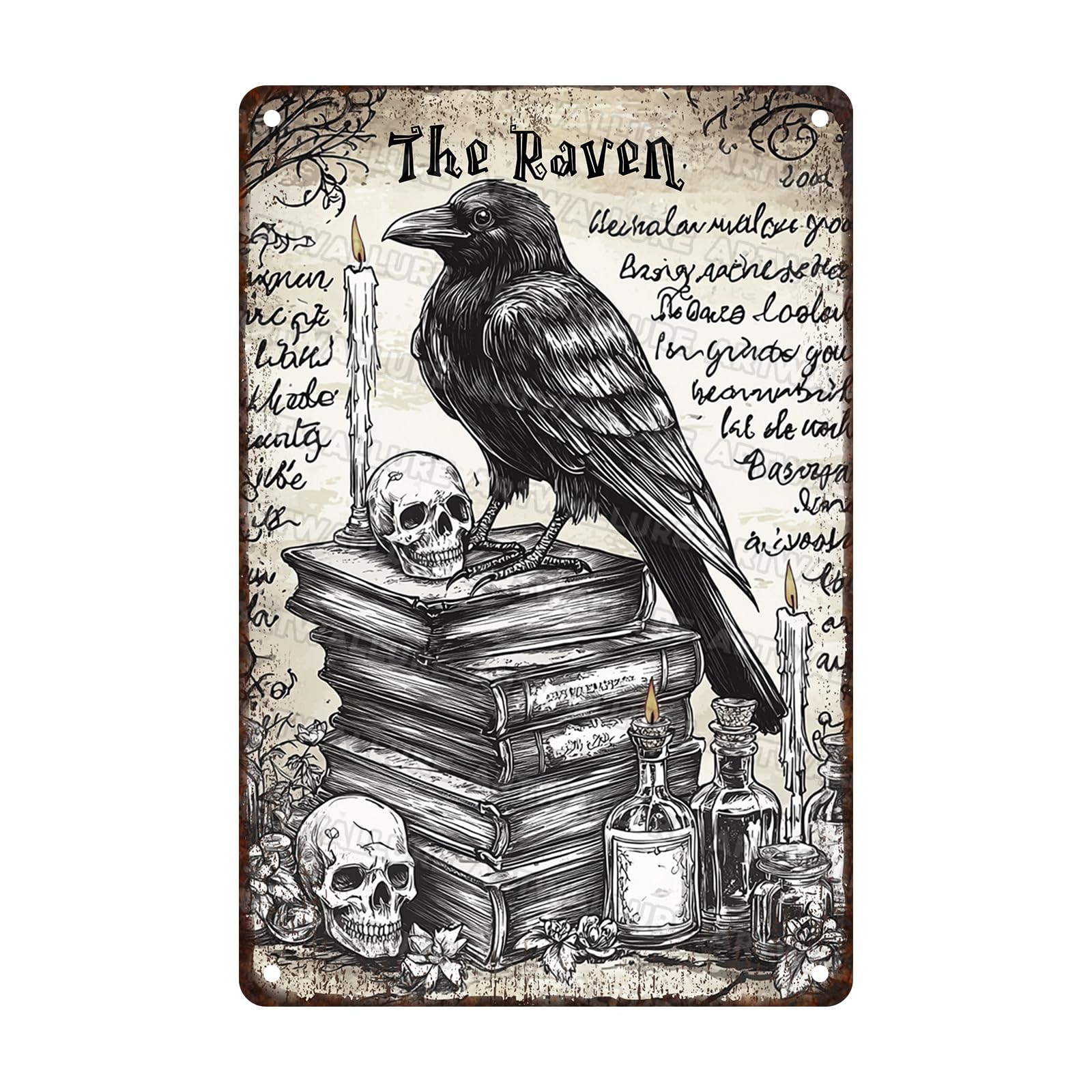 Anceky Funny Metal Tin Sign The Raven Skull Metal Sign Vintage Wall Decor For Home Bar Backyard Cafe Kitchen 12×16 Inch