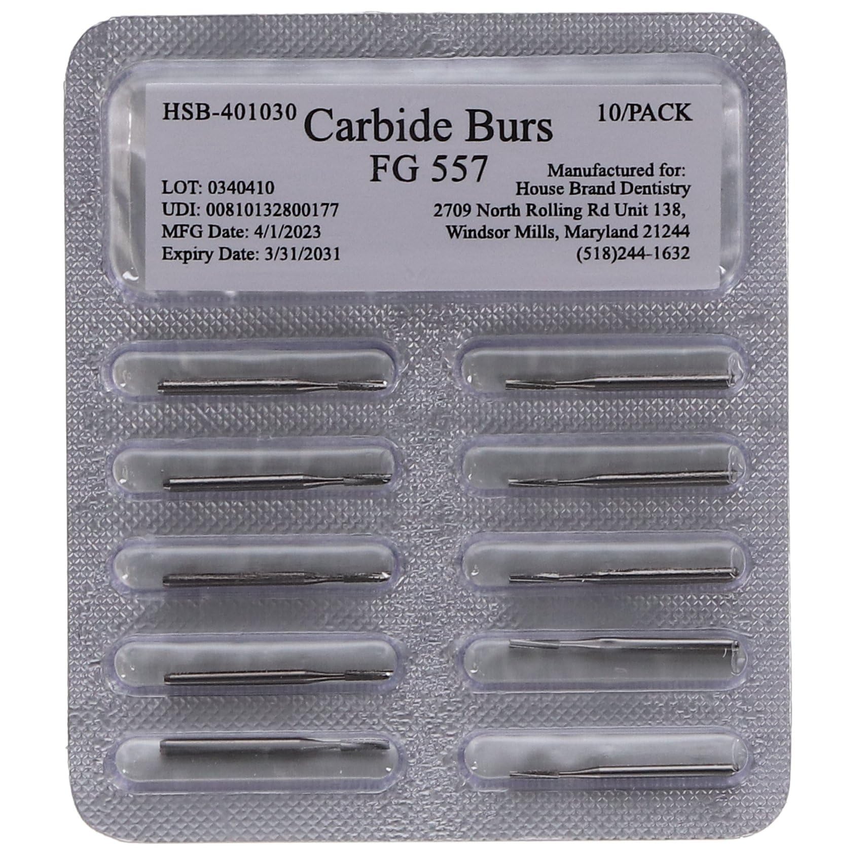 HSB 401030, FG Friction Grip #557, Straight Fissure, Crosscut Carbide Burs, 100/Pk, Case of 30 Boxes