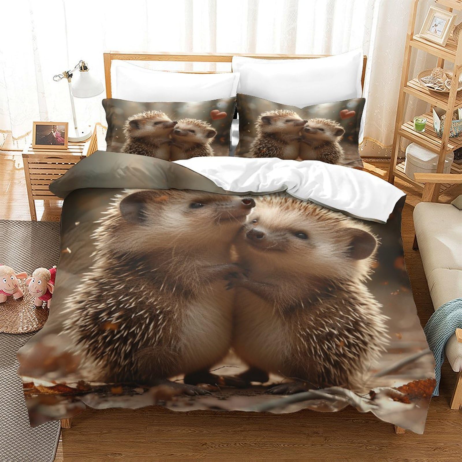 P1S9U7W5Y Adorable Hedgehog 3D Printed Duvet Cover Set 3pcs Microfiber Animal Pattern Bedding Set Soft All-Season Super king（260x220cm）