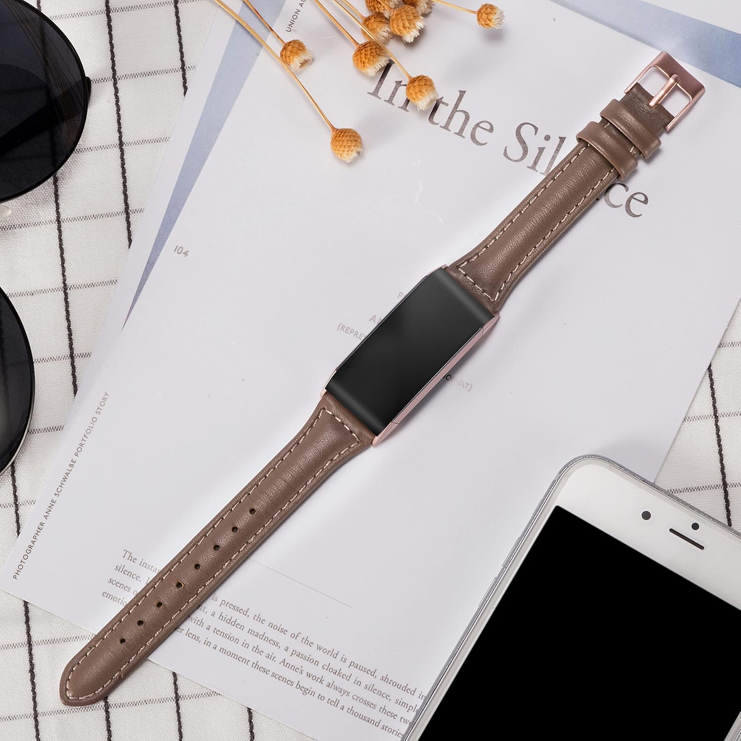 Wearlizer Compatible with Fitbit Charge 3 Bands/Fitbit Charge 4 Band for Women Men Slim Leather Replacement Fit Charge hr 3/4 Special Edition Rose Gold Band Accessories Strap - Tan