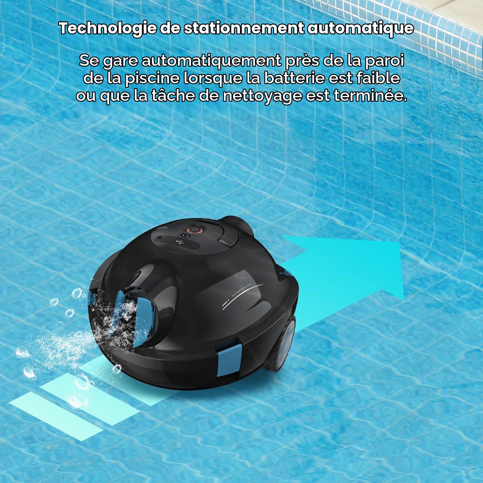 Robot Piscine, Robot Piscine sans Fil Y10 | Aspirateur Automatique et Puissant, 130 Minutes d'Autonomie & Auto-Stationnement, Conçu pour Bassins Enterrés et Piscines à Fond Plat jusqu'à 110 m²(Noir)