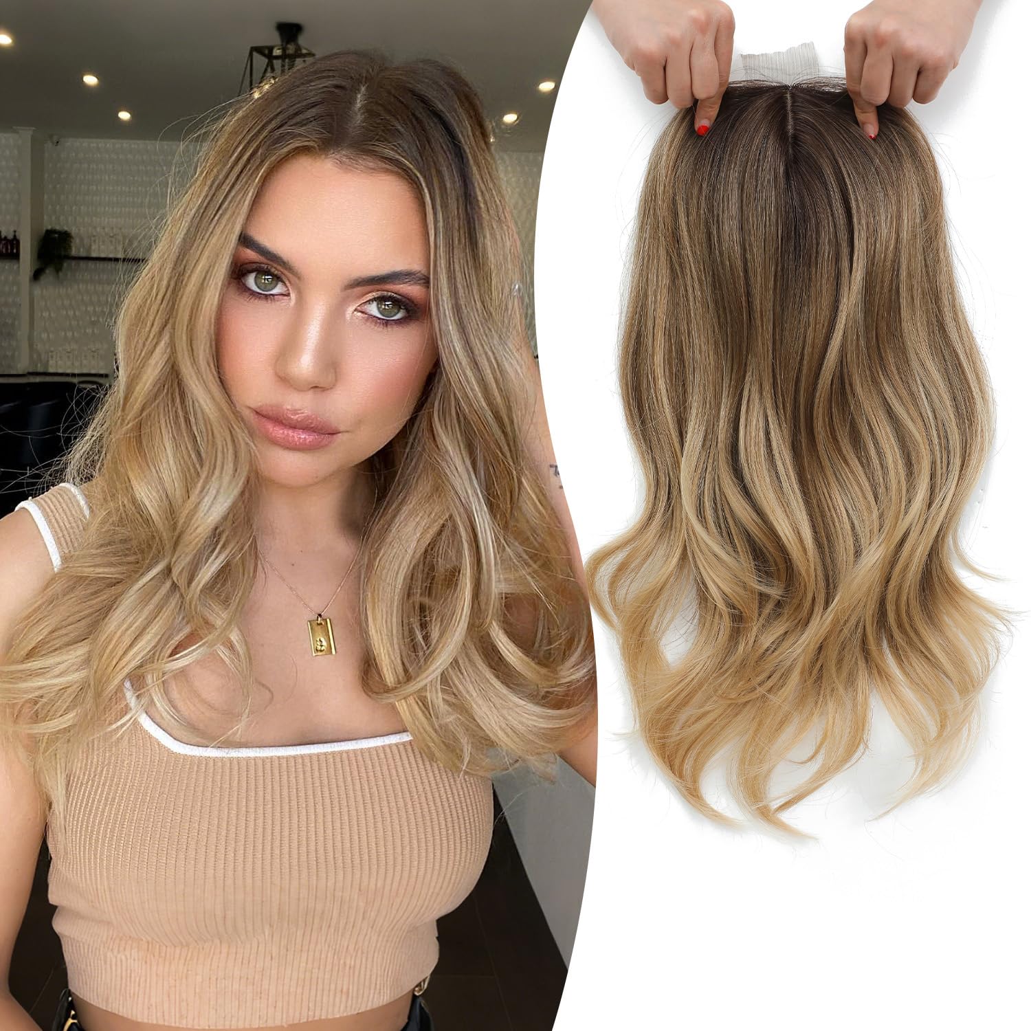 Fine Plus 18'' Hair Toppers for Women, Synthetic Dark Brown Hair Topper Adds Volume Top Coverage for Thinning Hair & Gray Roots Lightweight Hairpieces with Natural Loose Wavy Texture for Daily Wear