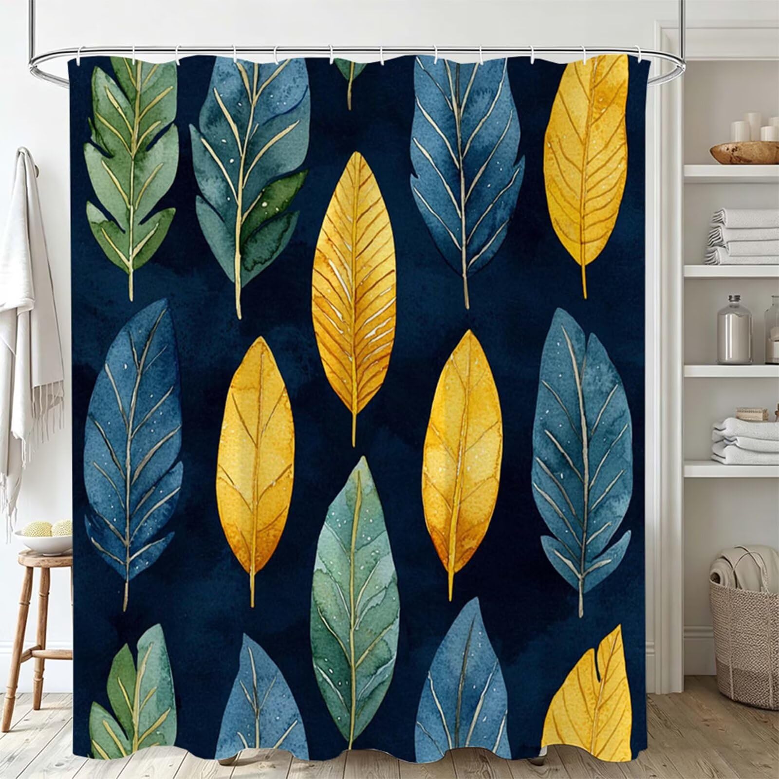 Duschvorhang Pfauenblau, Polyester Stoff aus Textil – Wasserdicht – Waschbar – Inkl 12 Ringe – Badewannenvorhang für Dusche & Badewanne, Shower Curtains 180x180cm Blätter J-613