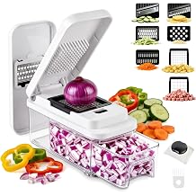 SUSTEAS Vegetable Chopper with Pull-Out Container, 7-Blade Mandolin Slicer | Pull, Empty & Keep Chopping; Easy-Detach, Dishwasher-Safe Blades; 7 Blades for Every Cutting Need; Less Cleanup. More Cooking