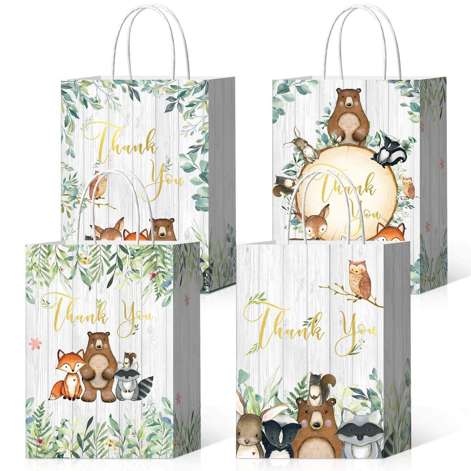 24 Pack Woodland Thank You Gift Paper Bags with Handles Bulk 4 Design Woodland Baby Shower Party Favor Bags for Birthday Wedding Baby Shower Party Supplies Decoration, 5.9 x 8.3 x 3.1 Inch