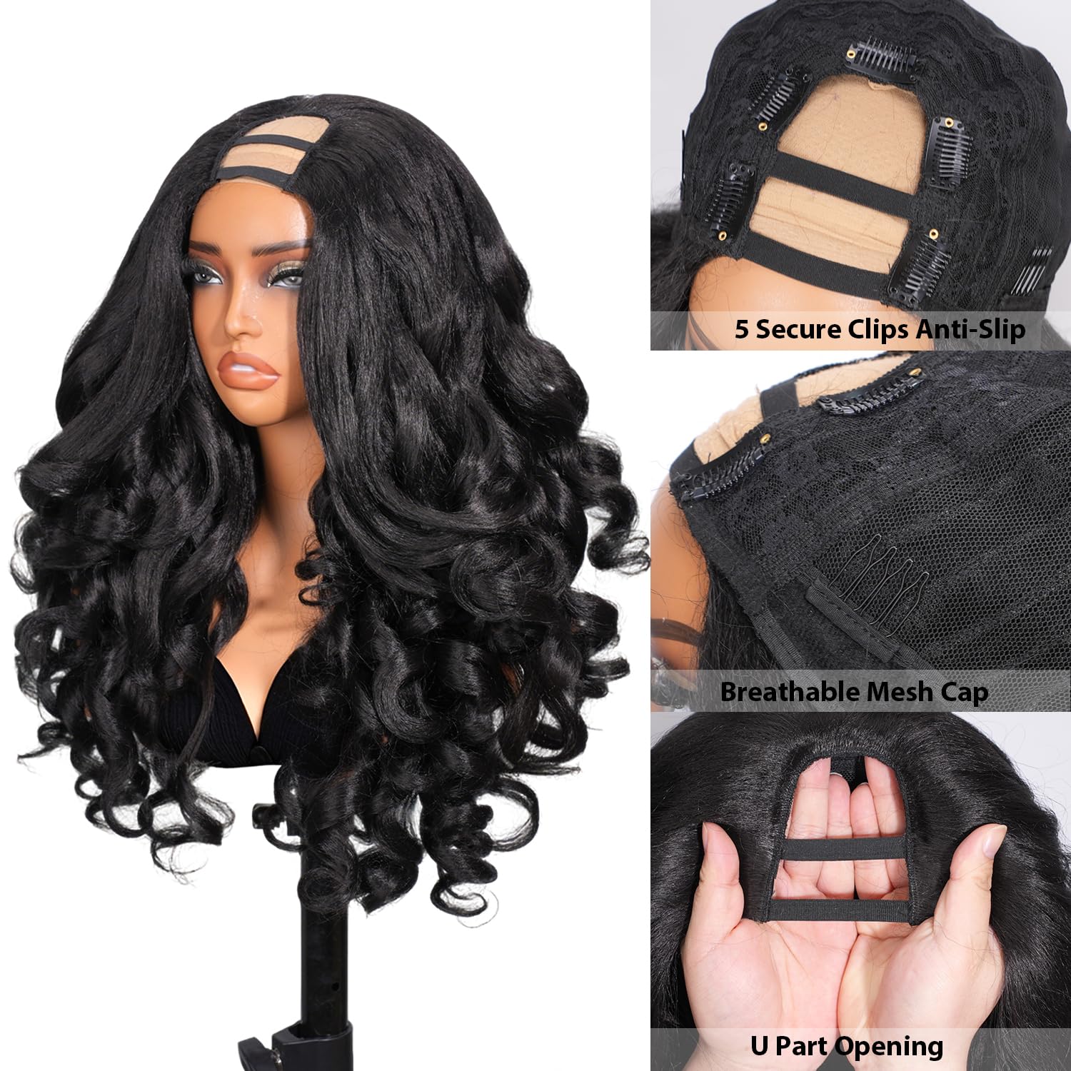 U Part Body Wave Wig Yaki Texture 200% Density Glueless Wear and Go Synthetic Wig, Natural Hairline Breathable Cap Wigs for Black Women 24 Inch 4C Hair Friendly