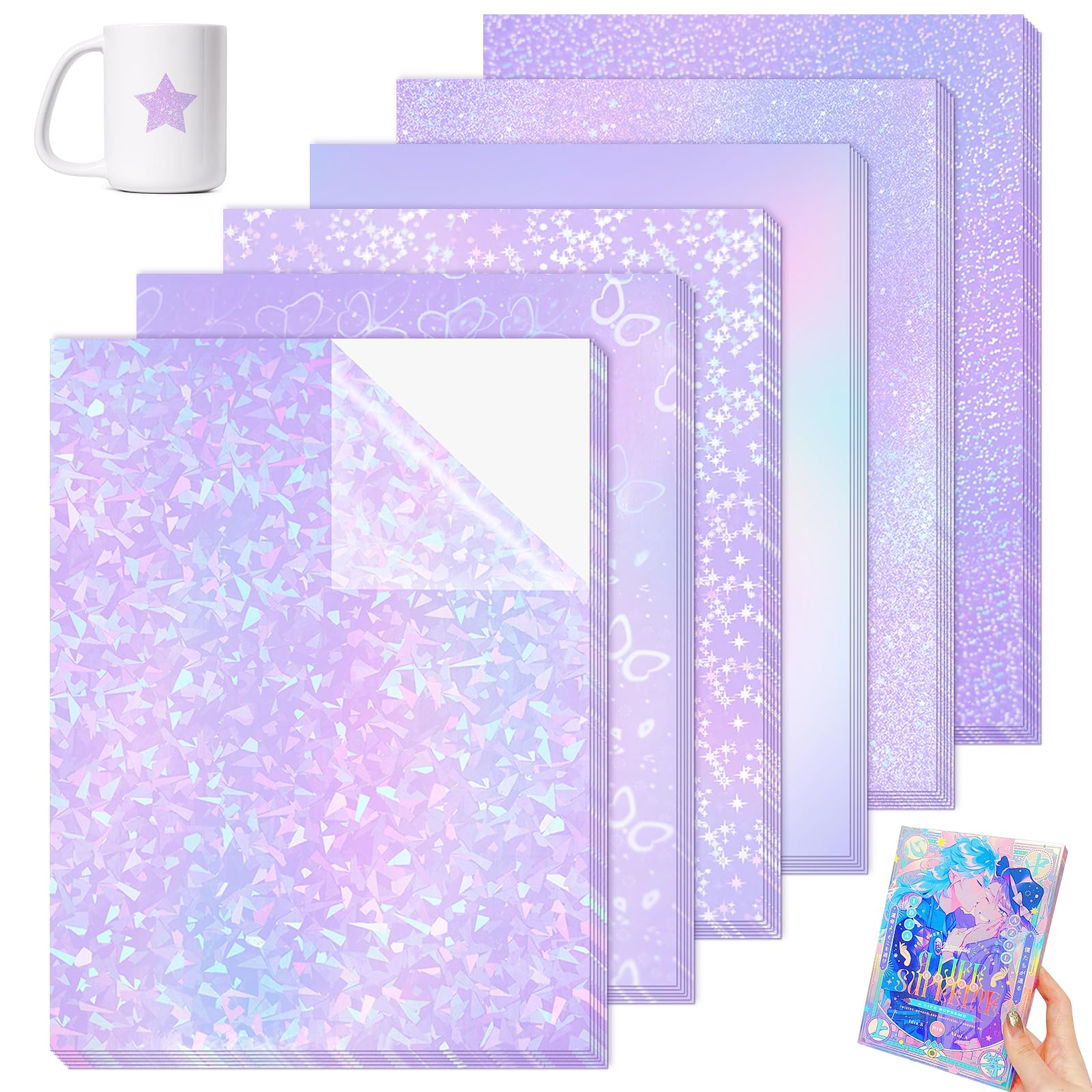 Fantasyon 36 Sheets Holographic Sticker Paper 8.3 x 11.7 Inch A4 Size Holographic Laminate Sheets Waterproof Self Adhesive Glitter Shiny Transparent Overlay Films Rainbow Vinyl Sticker Paper, 6 Styles