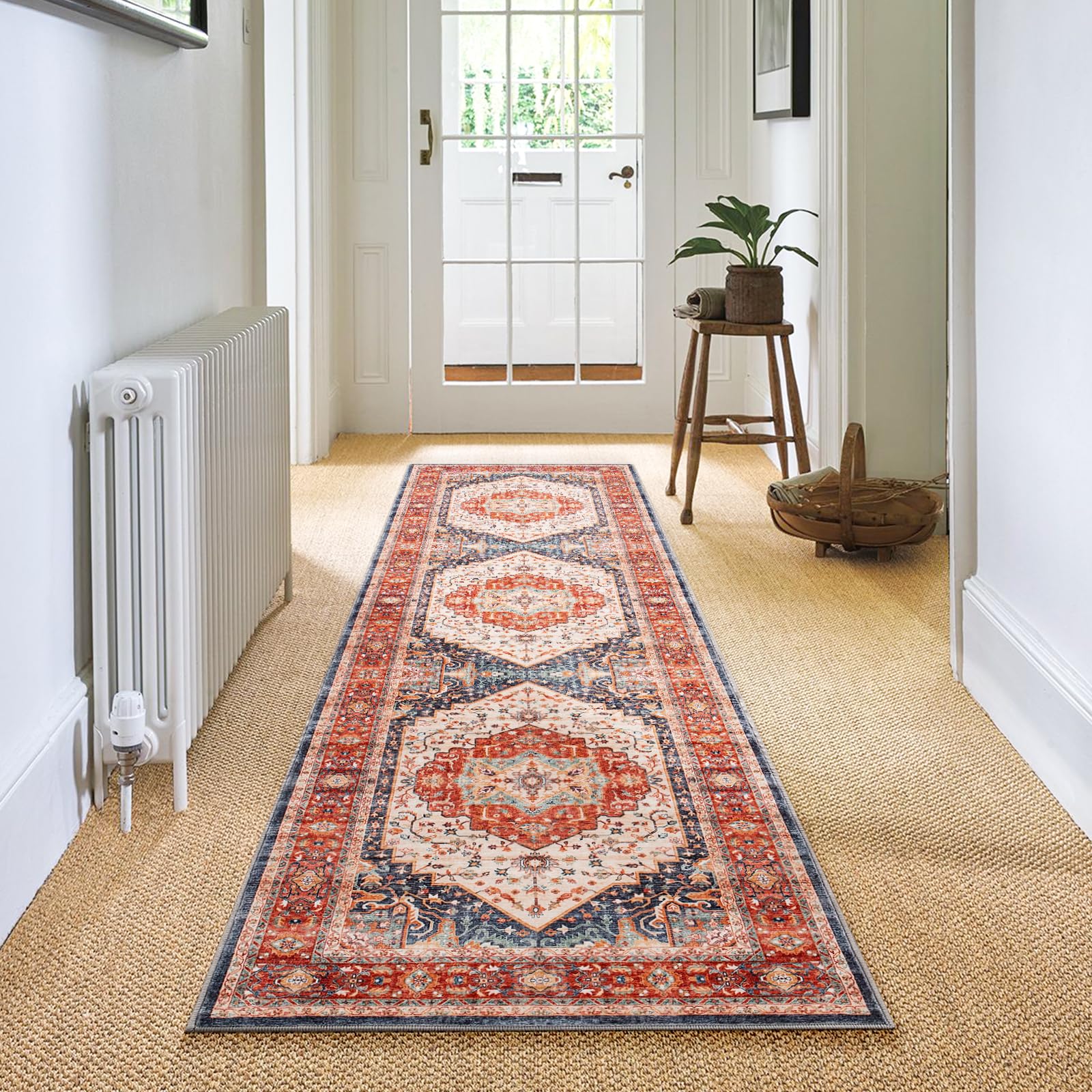 Carvapet Alfombras de Pasillo Larga 60x240cm Alfombra Corredor Antideslizante Naranja Alfombras de área Lavable Suave Microfibra Medallón Vintage Alfombra Comedor Pasillo