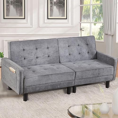 Sofá cama futón, sofá biplaza convertible, sofá cama Fotone con respaldo ajustable y bolsillos laterales para espacios pequeños (PU-negro) (gris,