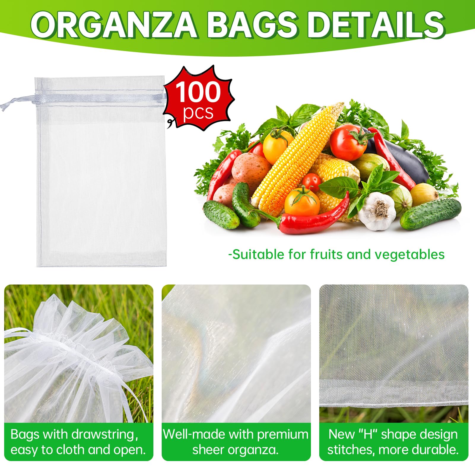 QPRETTY DU 100 szt. torebek z organzy, 20 x 30 cm, białe torby ochronne na owoce, siatka ze sznurkiem, ochraniacze na owoce, do winogron, mango, drzew owocowych, warzyw, ogrodu, 100 szt