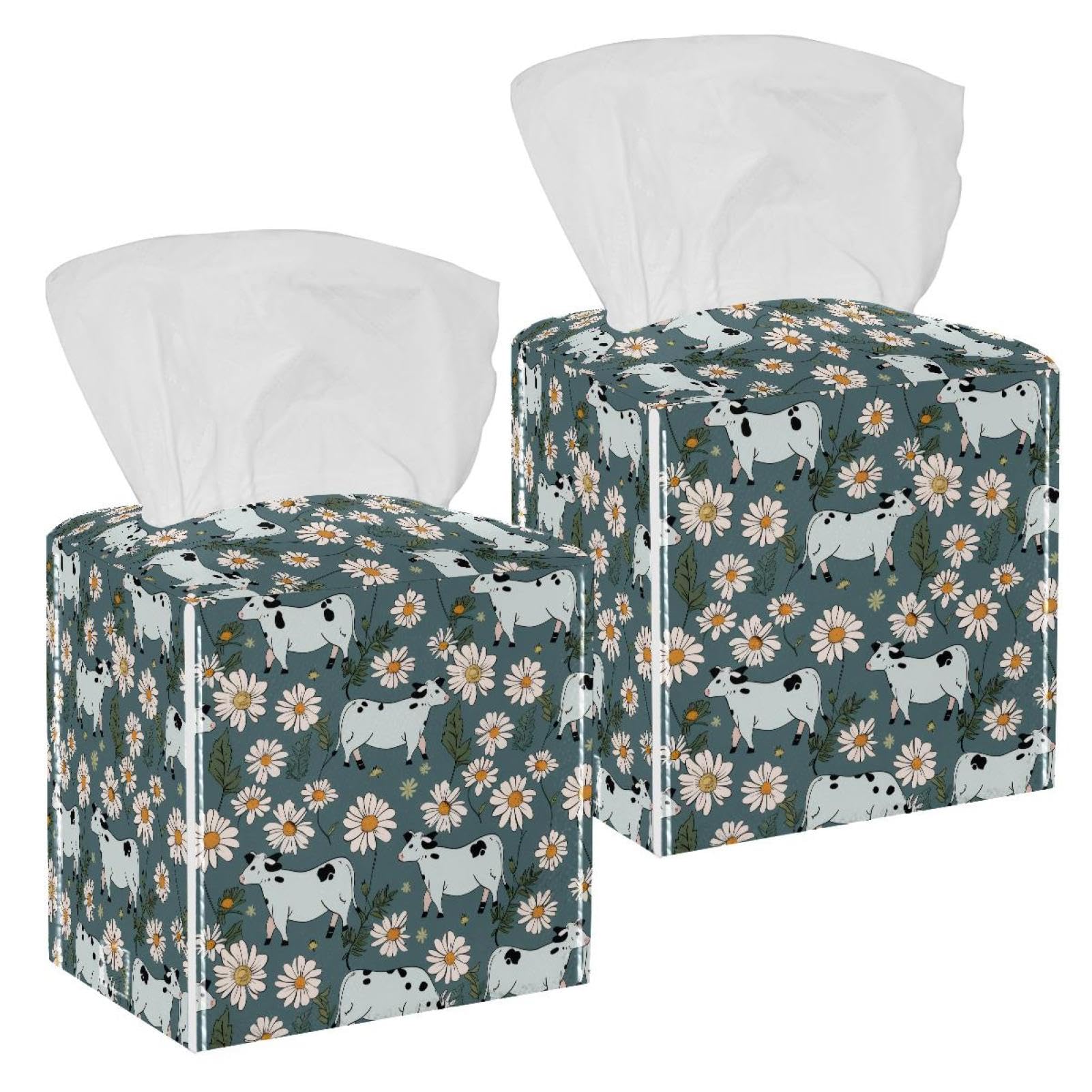 Chamomile Cows Tissue Box Cover, 2 Pack PU Leather Square Facial Tissue Dispenser Box holder for Home Office Car