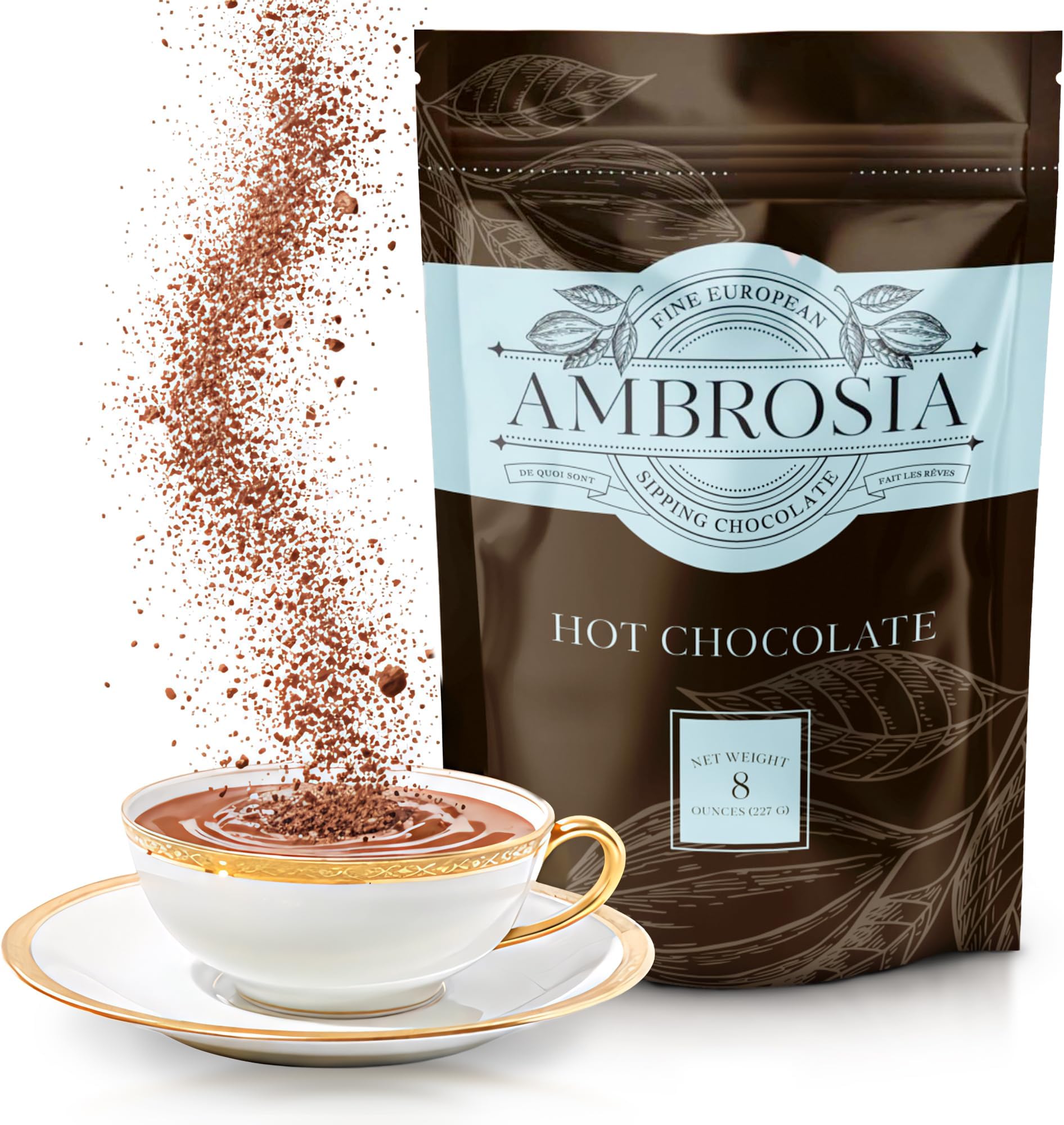 Ambrosia Classic Sipping Chocolate - Handcrafted with 100% Real European Cocoa - Our European Drinking Chocolate Makes Luxurious & Velvety Smooth Hot Coco (Classic, 8oz. Packet)