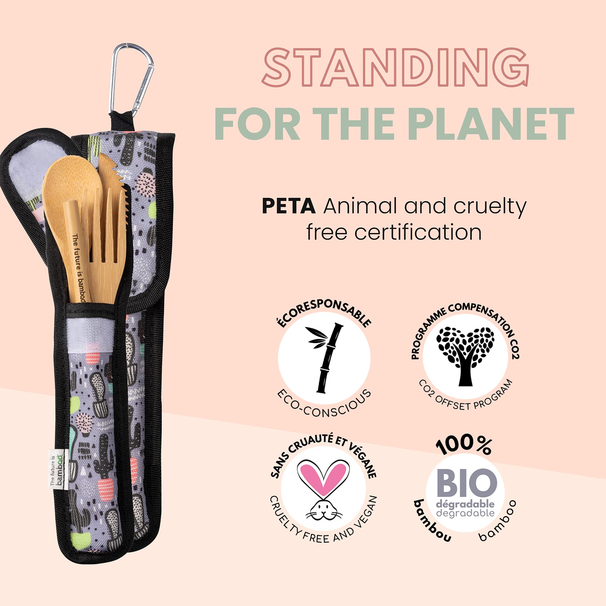 The Future is Bamboo 5- Piece Cutlery Set, Travel Utensil Reusable Organic Bamboo Travel Utensils, Wooden Travel Cutlery kit with Utensil Fork, Knife, Spoon, Straw Cleaning Brush, Pouch and Carabiner