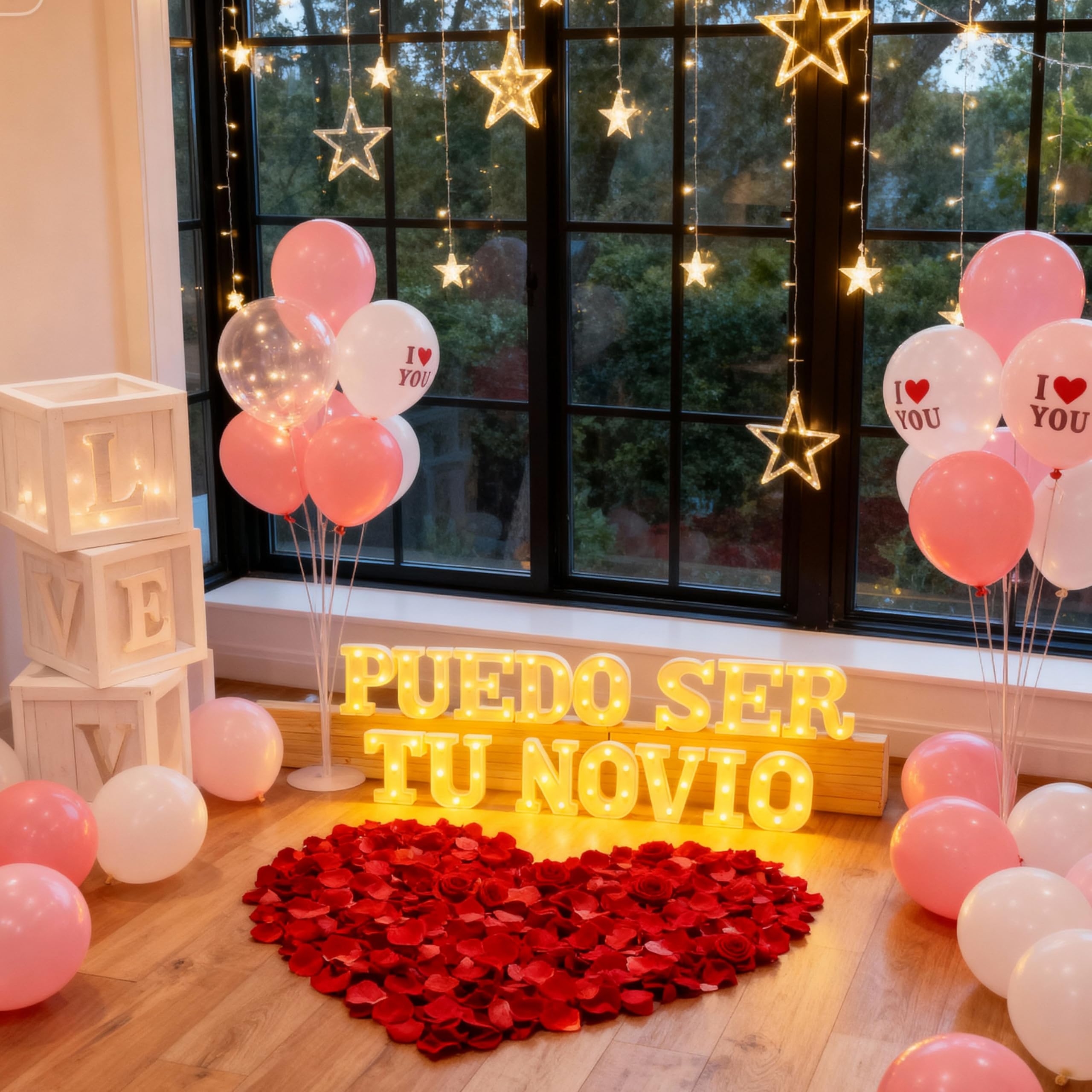 Puedo Ser Tu Novio - Juego de letras iluminadas que proponen decoraciones incluye 15 letras de luz LED y 1000 pétalos de rosa adornos para el día de San Valentín