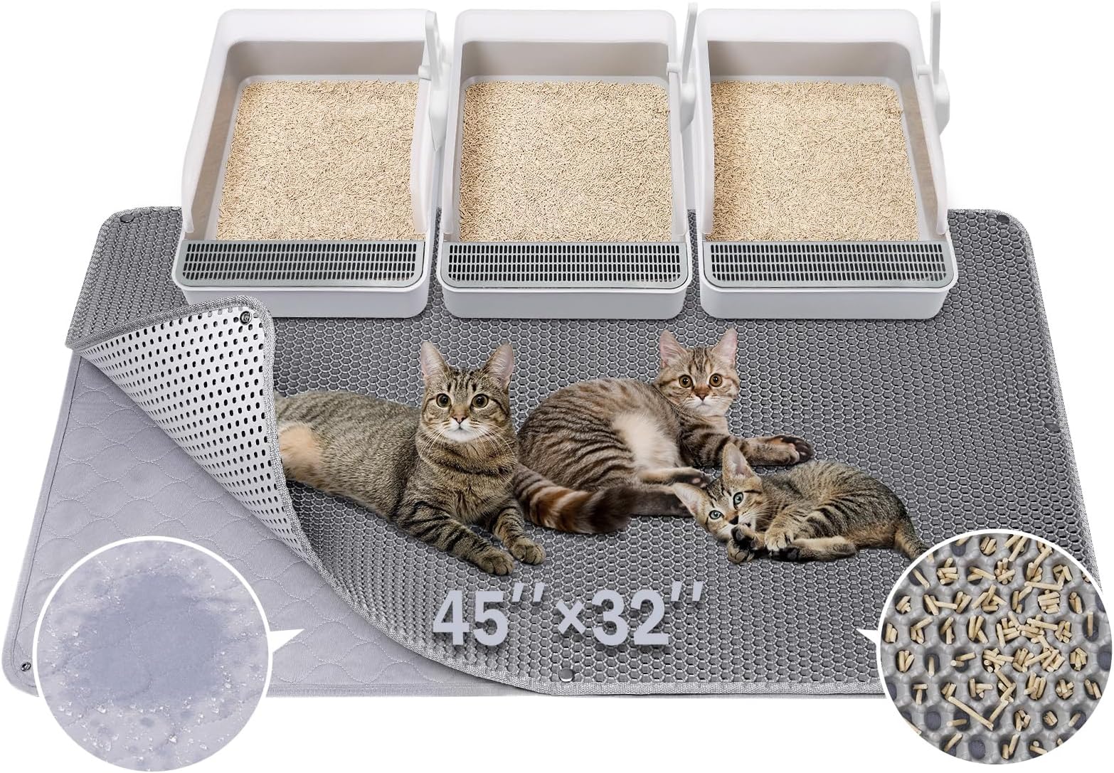 BurgeonNest 45"x32" Extra Large Cat Litter Mat, Honeycomb Double Layer Kitty Litter Trapping Mat, Urine Proof & Waterproof, Easy Clean, Machine Washable, Non-Slip, Scatter Control-Grey