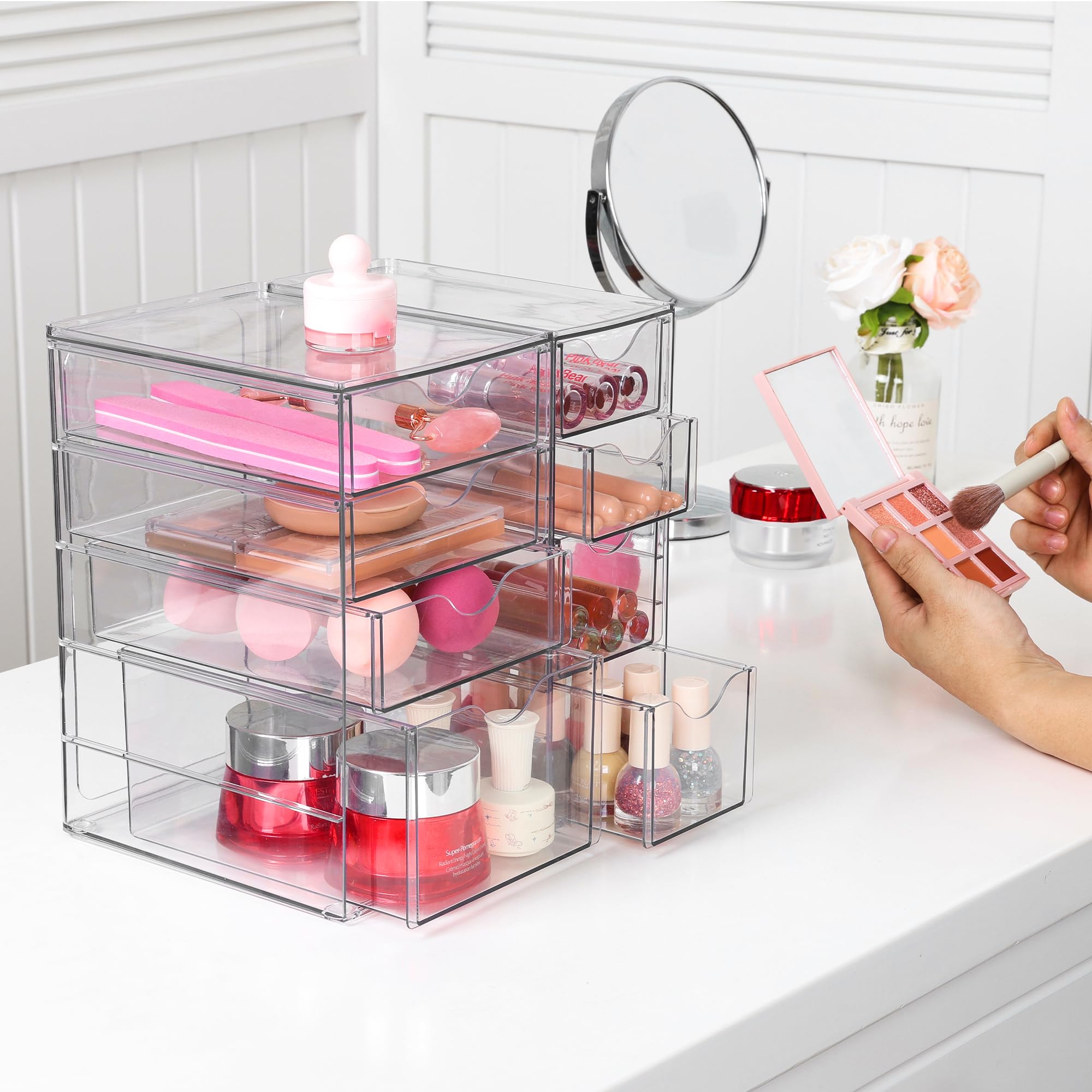Vtopmart Organiseur de bureau en acrylique avec 8 tiroirs pour bureau, maquillage, travaux manuels | Tiroirs de rangement transparents pour fournitures de bureau, maquillage, bijoux, loisirs créatifs, perles, stylos, papeterie