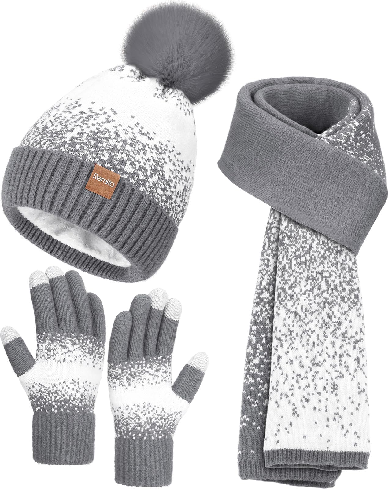Womens Winter Beanie Hat Scarf Gloves Set, Pom Pom Warm Hat Long Knit Scarf Touchscreen Gloves 3 In 1 Christmas Gift