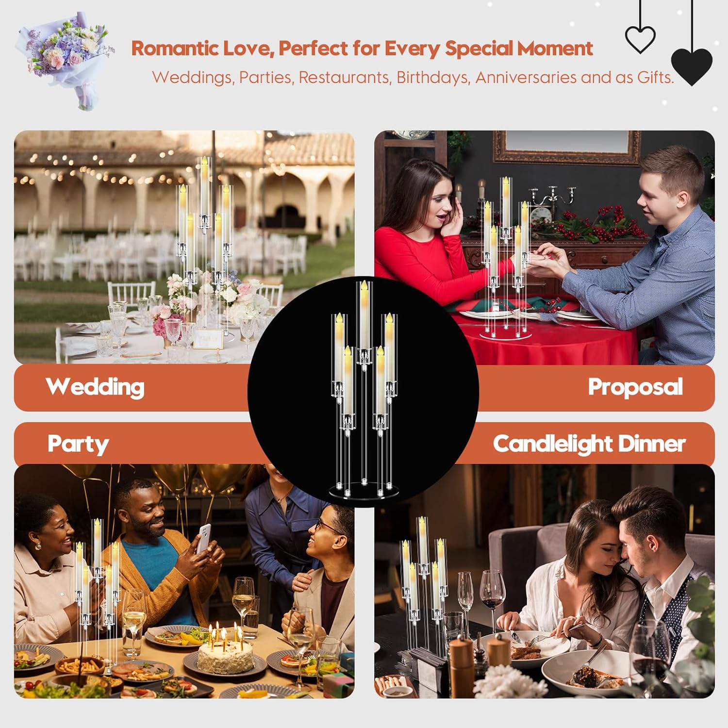 アクリルキャンドルホルダー 5本セット 5本セット キャンドル30個付き 高さ27インチ 燭台センターピース テーブル用 クリアキャ